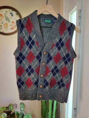 Vintage Byford Argyl Patterned 100% Wool Mens Dress Vest, Size Medium